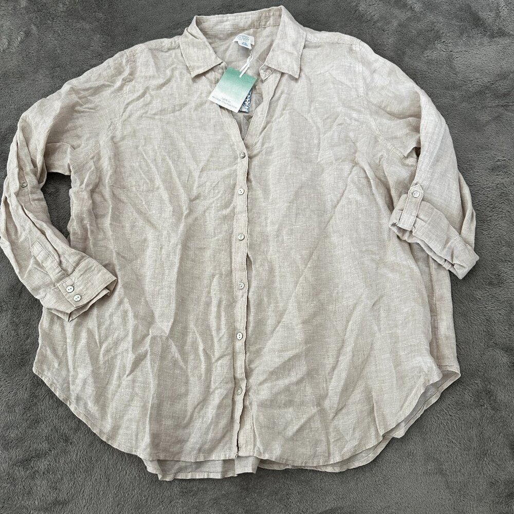 NWT Sigrid Olsen 100% Linen Blouse Shirt Button Up Women's 2X 2XL Neutral Tan